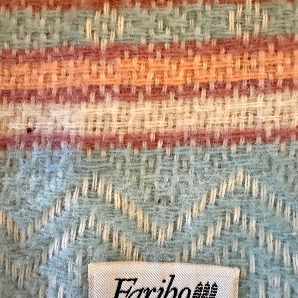 Vintage Faribo Wool Blanket Blue Orange Zigzag Stripe Fringe 48x51 As-Is - Picture 7 of 7
